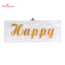 2015 Women Begs Letter Happy Acrylic White Clutch Purse Wedding Evening Bags Party Prom Bag Shanel aj Bolsa Feminina Sac R006