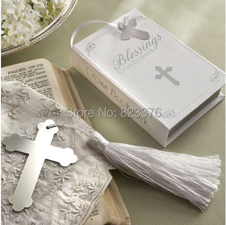 DHL Freeshipping 100pcs Silver Blessings Cross Bookmark with Tassel Wedding baby shower party favors gifts
