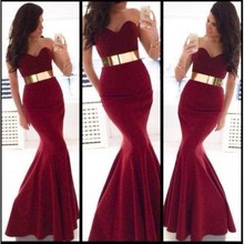 2016 New Arrival Sweetheart Satin Wine Mermaid Long Prom Dresses 2016 with Gold Belt