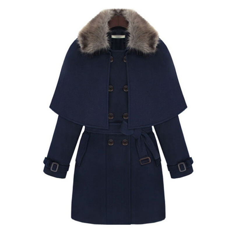 New Brand Women Coat Fashion Wool Double Breasted Cloak Winter Coat Women Slim Detachable Fur Collar Coats casaco Long casacos