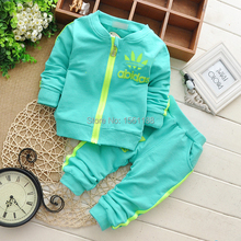 2015 New 100 Cotton Long Sleeves Spring Baby Sets Round Neckline Zipper Printing Outwear Pants 2pc