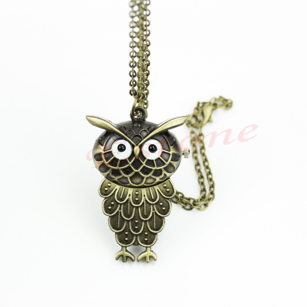 Free Shipping Cute Vintage Bronze Owl Pendant Steampunk Taschenuhr Necklace Chain Pocket Watch