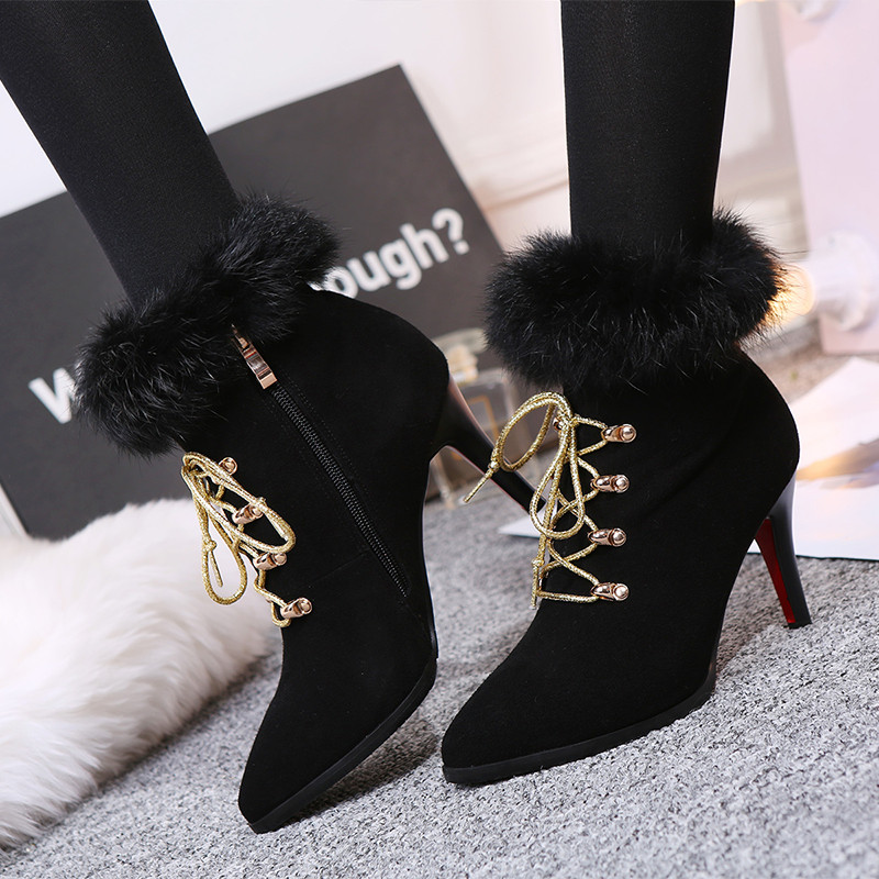 Woman Spike Heels Ankle Boots Winter Short Plush Full Grain Leather Pointed Toe Shoe High Quality Black Spike Heels Ankle Boots