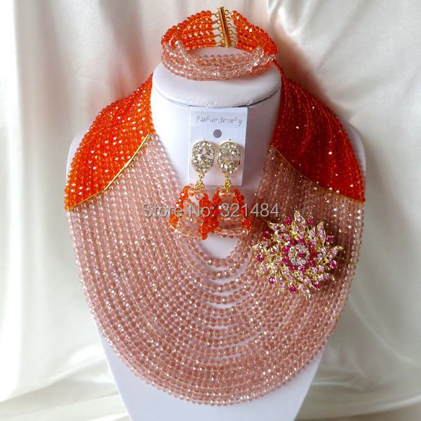 Fashion luxury Nigerian African Wedding Beads Jewelry Set 15 layers Orange Peach Crystal Necklaces Bracelet Earrings CRB-1078