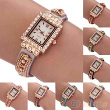 Mujer cristales de colores números romanos caso Square brazalete de la pulsera del reloj 28E5