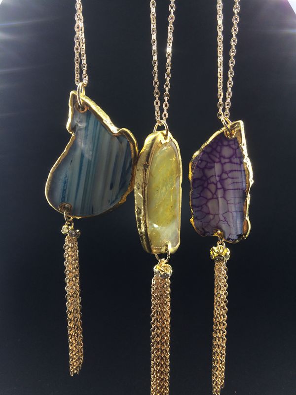 New Design Europe Style Agate Gold Plated Druzy Necklace Natural Stone Irregular Shaped Tassel Necklaces Jewelry