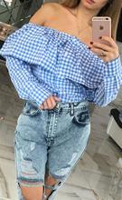 Women Blouse Blusas Scottish Plaid Crop Top Tee Shirt Femme Vintage Vetement Retro Tartan Autumn Sexy Off Shoulder Slash LJ5196U