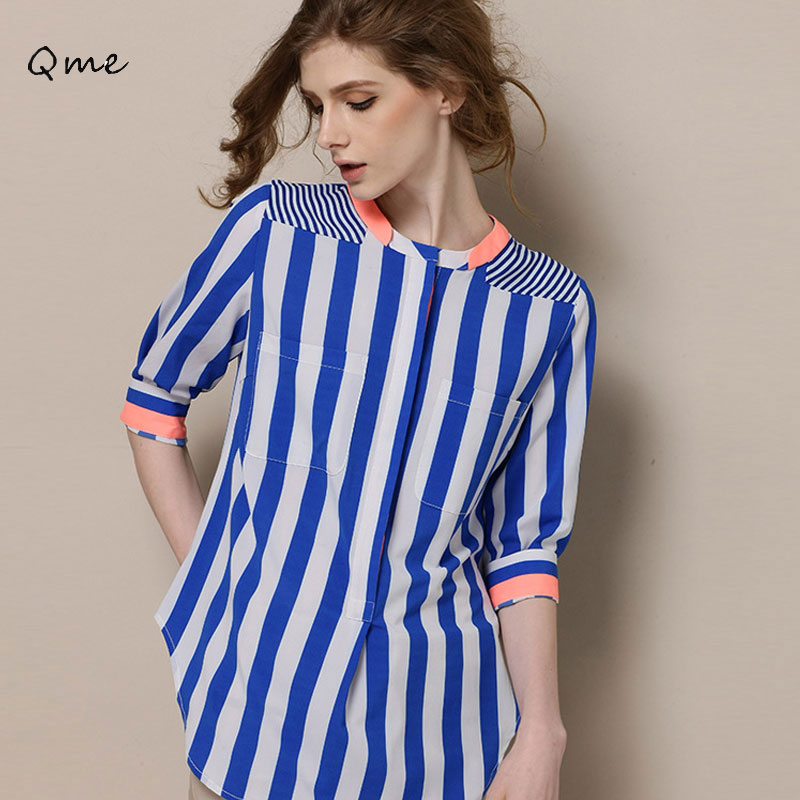 Striped shirt women blouses casual shirts patchwork blue tops korean fashion clothing vetement femme  blusas WD632