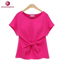 Sinofashion Women Kimono Bowknot Blouses O-neck Short Sleeve Shirts Chiffon Casual Work Tops Plus size White blusas blouse