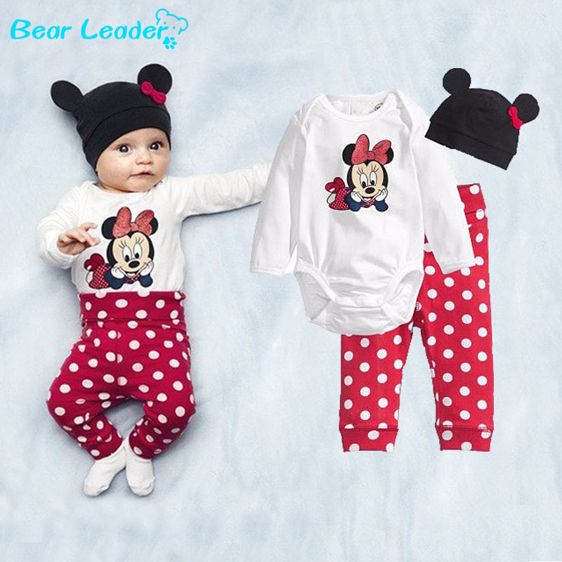 2014 New  cotton children Mickey Minnie baby boys girls sets clothes 3pcs(Long-sleeved Romper+hat+pants)children clothing set