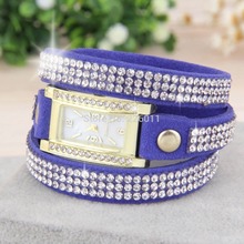 1pcs 2015 New Fashion Women s Vintage Square Dial Rhinestone Weave Wrap Multilayer Leather Bracelet Wrist