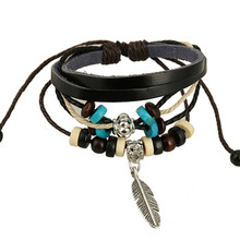 Fashion Jewelry PU Leather Charm Friendship Bracelets & Bangles Feather Accessories Wedding Men Jewelry Free Shipping