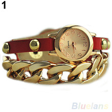 New Arrived Women s Punk Golden Dial Faux Leather Chain Analog Quartz Bracelet Wrist Watch 146O