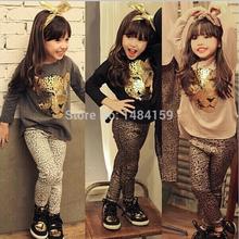 Retail 2015 New Girls Clothing Sets Baby Kids Clothes Children Clothing Full Sleeve T Shirt Leopard Legging , 2pc Set , 3 Color