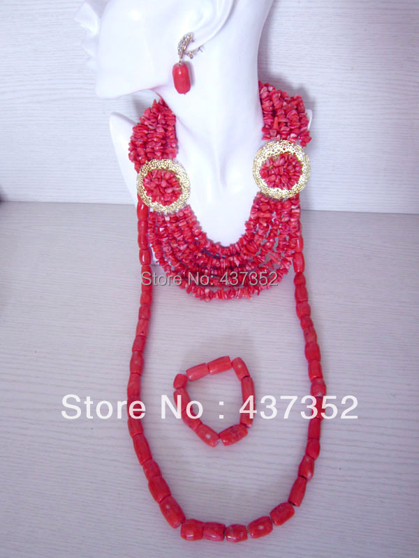 New Design Fashion Nigerian Wedding African Pink Coral Beads Jewelry Set Necklace Bracelet Clip Earrings CWS-171