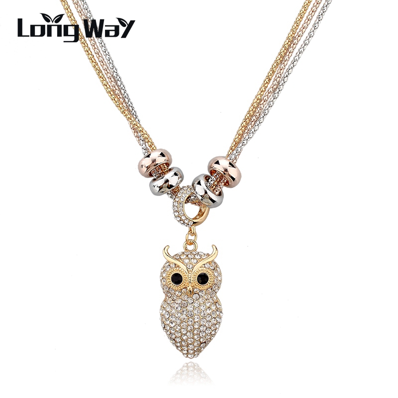 Free Shipping Gold Silver Pendant Necklace Fashion Cute Full Crystal Owl Pendant Long Chain Necklace For Women SNE140447