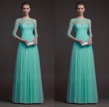 Long Sleeve Turquoise Bridesmaid Dresses vestido de festa Tulle And Lace See Through Floor Length Maid Of Honor Gowns Hot Sales
