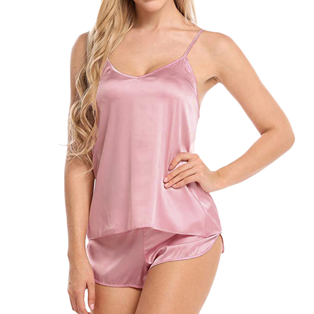 Women Sleeveless Strap Pajama Sets Nightwear Satin Silk Trim Satin