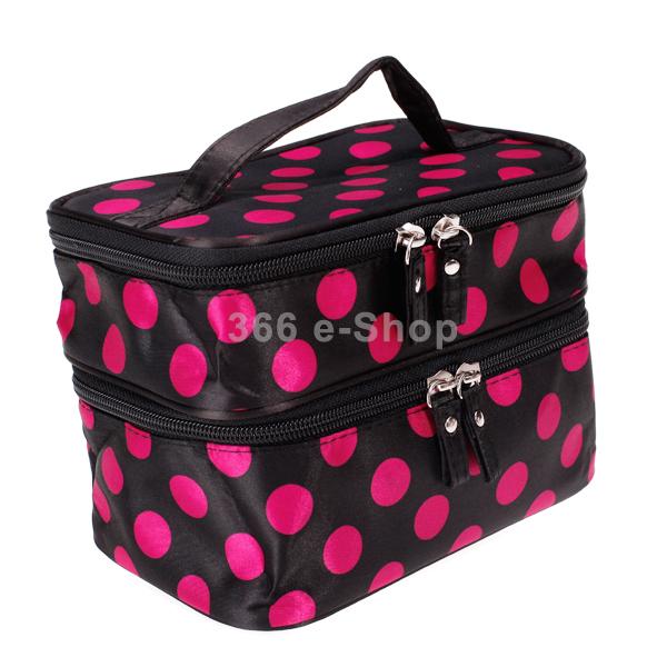 Polka Dots Double Layer Dual Zipper Cosmetic Bag Toiletry Bag Make-up Bag Hand Case Bag Free Shipping