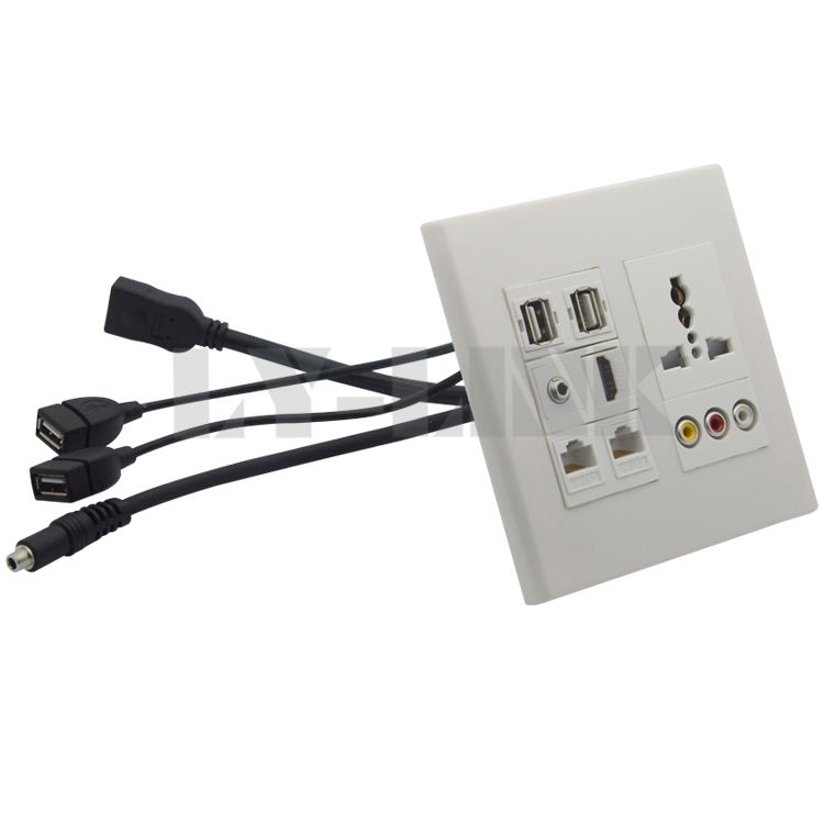 120*120 Universal power socket+3RCA+ hdmi +3.5mm audio+ USB+RJ45 wall plate with back female to female short cable