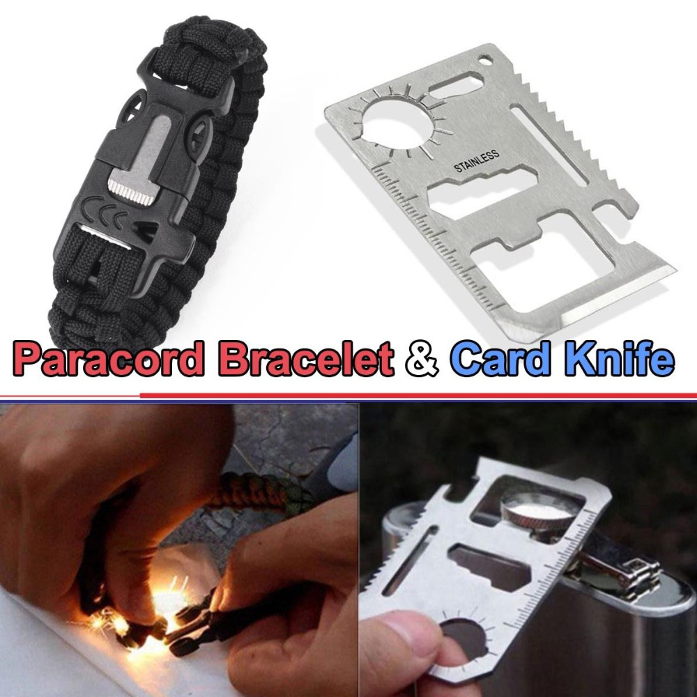 Survival Bracelet Outdoor Paracord Flint Fire Starter Scraper Whistle Gear Kits & Multi Pocket Tools Card Knife