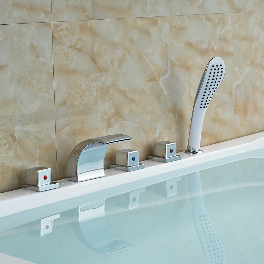 Wholesale And Retail Promotion Modern Roman Waterfall Spout Bathroom Tub Faucet Hand Shower Sprayer Mixer Tap