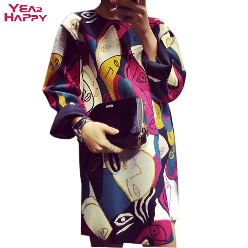 2015-spring-new-casual-printing-long-sleeve-dress-Picasso-women-fashion-colorful-Face-Western-style-wild