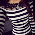2016 Fashion Lace Floral Embroidery Shirts Women s Long Sleeve Slim Knitted Blouse Black Striped Casual