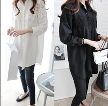Free Shipping China Women White Black Shirts Blouse Loose Long sleeve Plus Size Lace Patchwork Casual Turn-down Collar Blouses