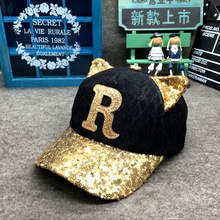 2016 new 2-8years children korean summer sequins R cat ears lace ventilation net cap baseball cap hat for boys girls