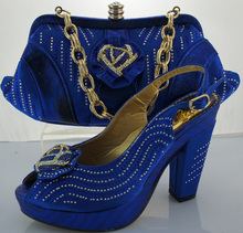 African Fashion Shoes and Matching Bags set for women dresses in R.BLUE,with stones Italy chunky high heels and handBags