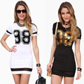 2016 New Arrival Women Summer Casual Short Sleeve Cotton 98 Printed Lady Slim Sexy Patchwork Sheath