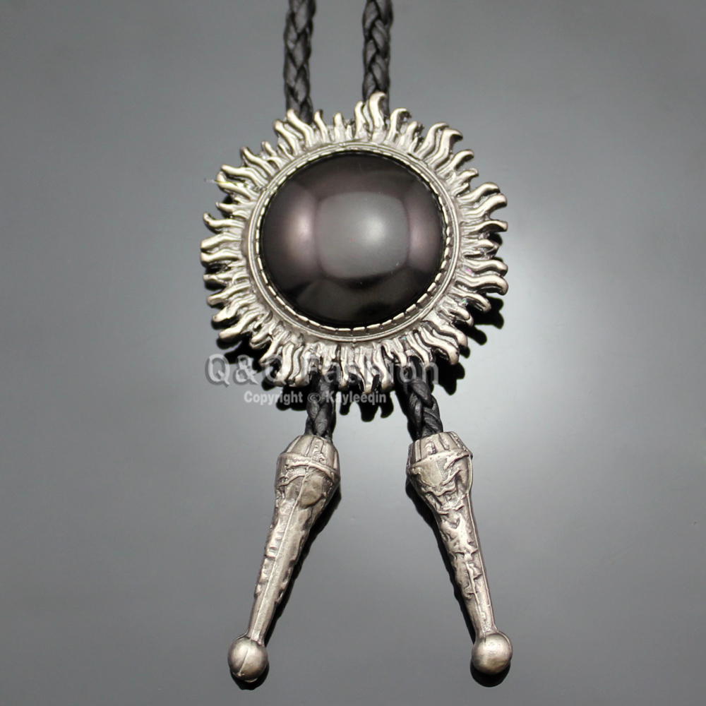 Vintage Silver Sun Obsidian Leather Bolo Tie Line Dance Rodeo Western Cowboy Jewelry Free Shipping