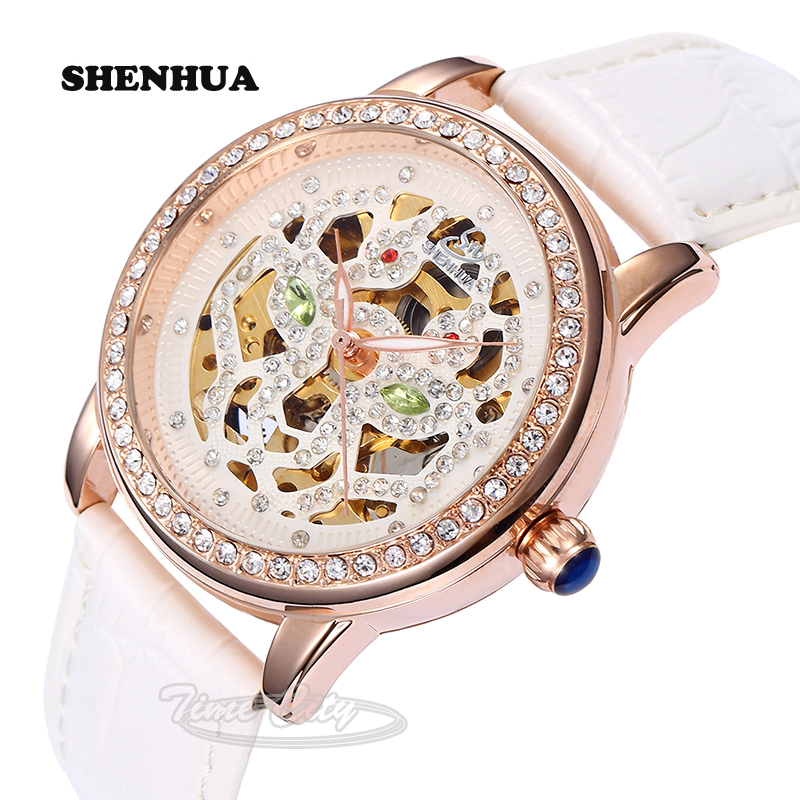 2016 SHENHUA Cool Women s Self Wind Automatic Mechanical Wrist watches Rhinestone Skeleton Waterproof Leather Strap