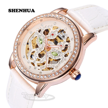 2016 SHENHUA Cool Women s Self Wind Automatic Mechanical Wrist watches Rhinestone Skeleton Waterproof Leather Strap