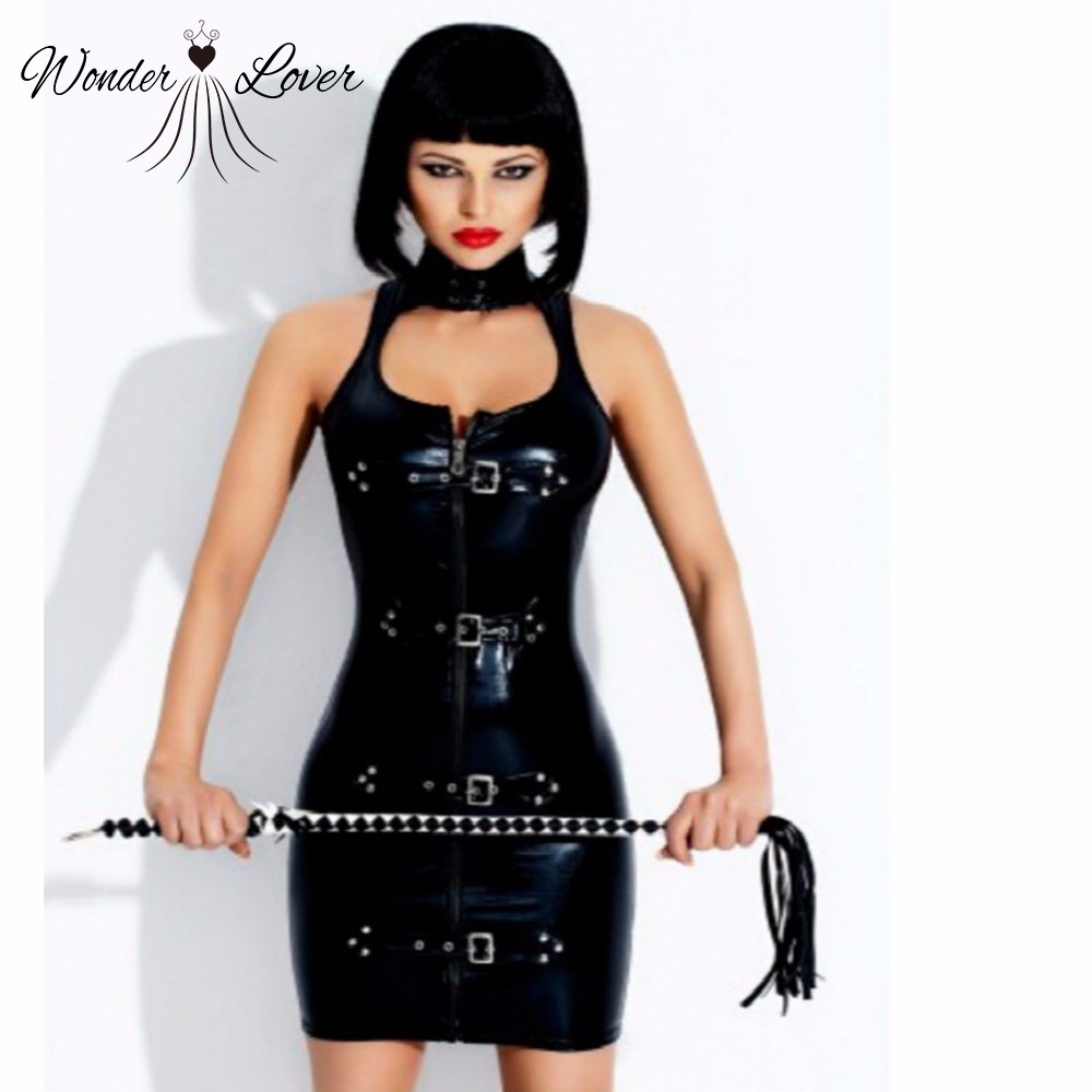 Women Latex Rubber Buckle Dress Keyhole Bust Zipper Black Pvc Sexy Faux Leather Cupless Vinyl