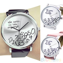 Women s Men s Who Cares Faux Leather Arabic Numerals Letters Printed Wrist Watch