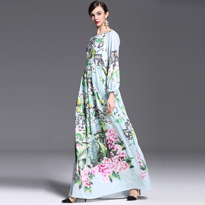 Bohemian Dress 2015 Fashion Autumn Runway Brand Full Petal Sleeve Slim Owl & Flower Print Sky Blue Floor Length Dress