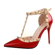 2016 Summer Shoes Woman Pumps Thin Heels Sexy Rivet Cutout T-strap Red Bottom High Heels Ladies Sandals Femme Zapatos Mujer