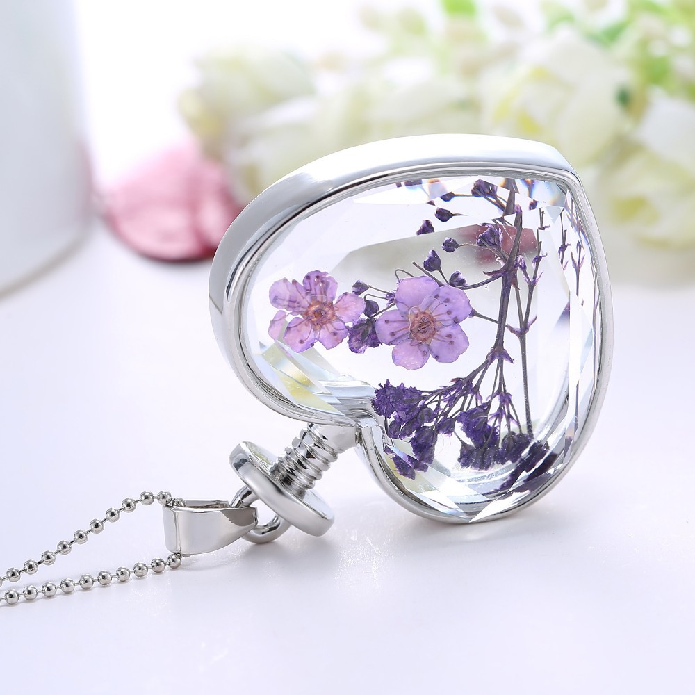 New Arrival Purple Dry Flower Glass Lovers Heart necklace for women,Fashion Silver Wholesale ladies Pendant Necklaces 2015