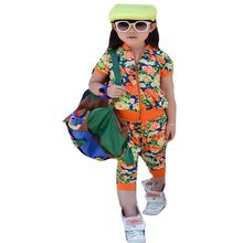 Sale Aones Girls rimmed flower print sport girl clothing sets zipper outerwear haren pants 2pcs summer