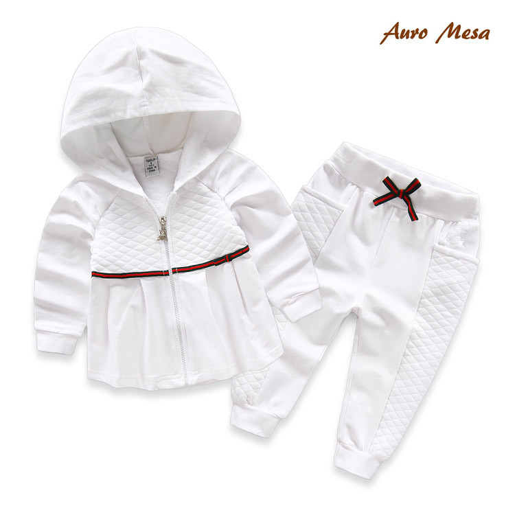 New Autumn Winter Girl Clothes Set White Hooded Coat With Trouser Children Casual Sport Suit