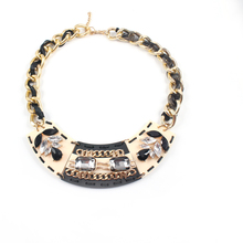 Gold Plated Zinc Alloy Rhinestone Semi precious Stones Ribbon Bib Statement Chunky Handmade Vintage Necklace 2015