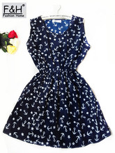 F&H Brand White and Blue stars Fashion Women New Sleeveless Florals Print Round Neck Dress 2015 Saias Femininas Summer Clothing