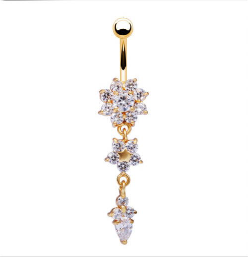 High Quality 18K Gold Plated Medical steel Dangle Flower AAA Crystal CZ Navel Bell Button Rings