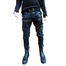 Streetwear Mens Biker Jeans Fashion Black Hip Hop Punk Motorcycle Coated Denim Pants Brand Vintage Rock Pockets Bike Trousers