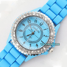 2015 New Fashion Geneva Crystal Watch Jelly Gel Silicon Girl Women s Quartz Wrist Watch Candy