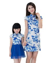 Mother Daughter Retro Dresses 2016 Summer Kids Girls Blue Princess Dress Women Elegant Clothes
