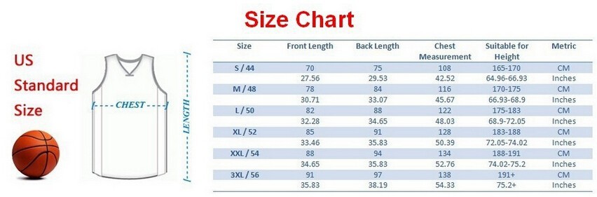 Men basketball jersey size chart