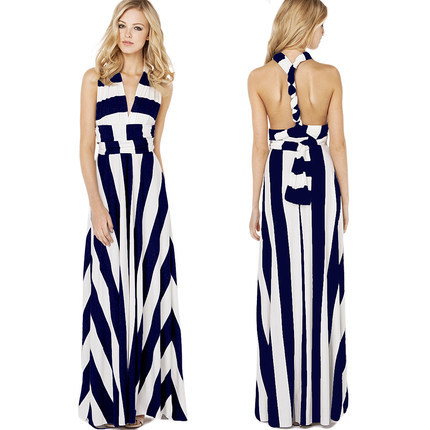 2015 new fashion summer spring women's long boho dress fashion sexy rules bump color stripe mop floor dresses Y0425-136D